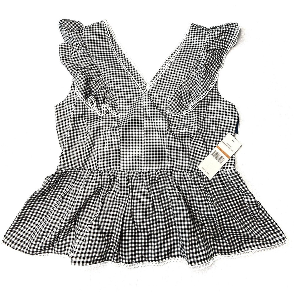 Nanette Lepore Black White Gingham Ruffle Peplum Top Blouse Size M Babydoll - Picture 2 of 11